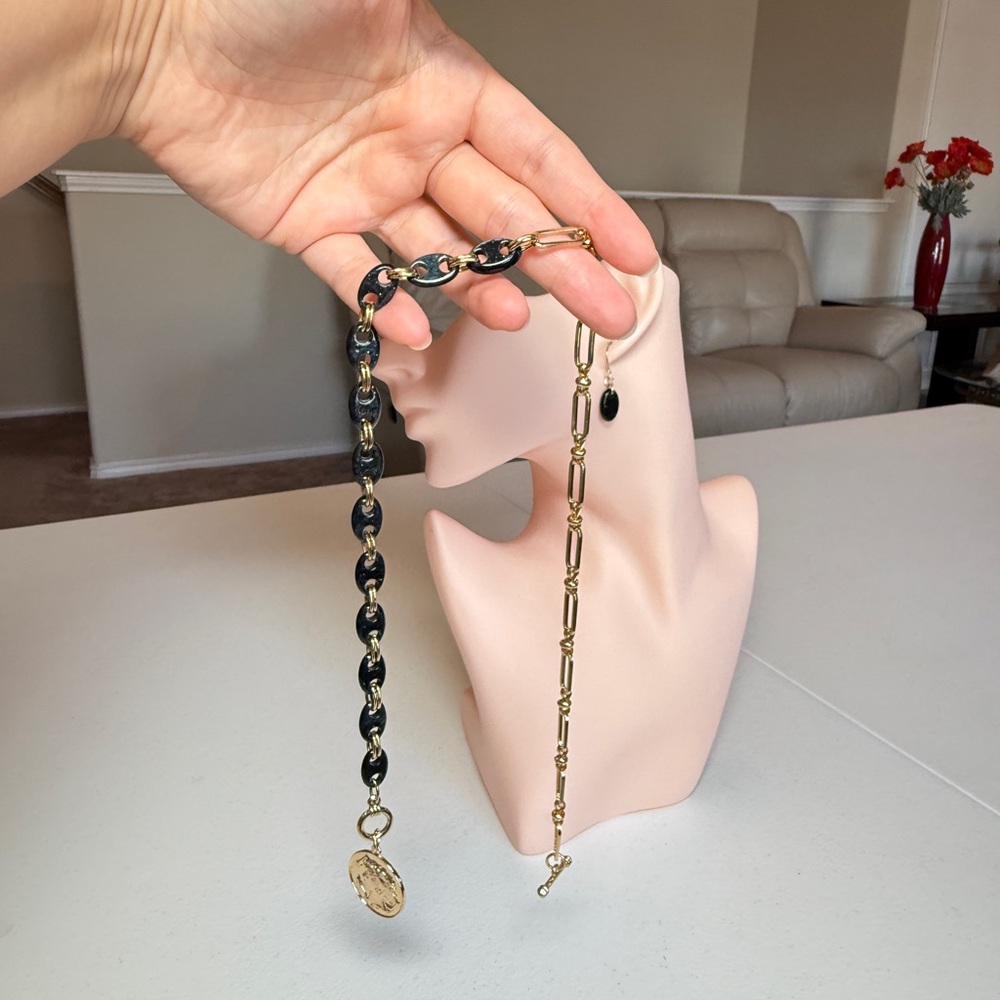 Gold and Black Chain Link Coin Necklace with Matching Drops Earrings - Picture 9 of 11